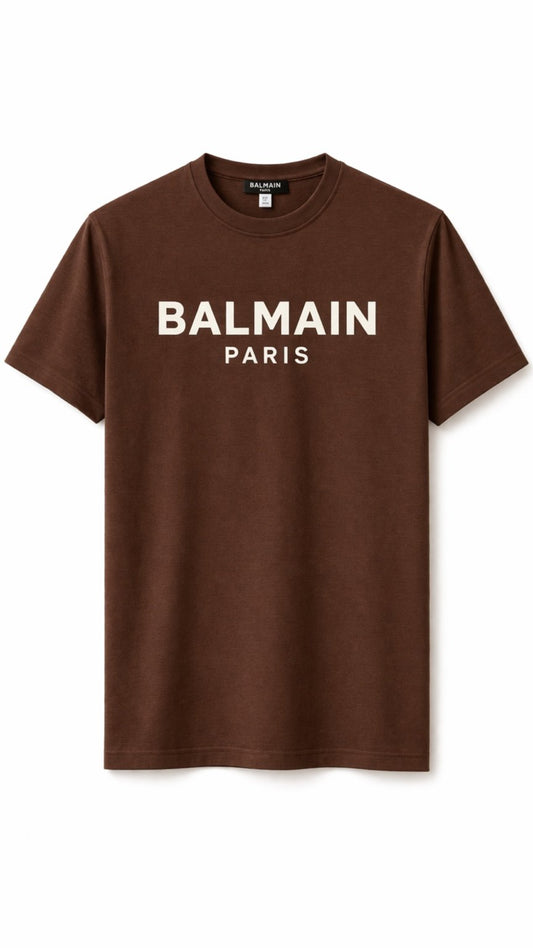 Brown t-shirt with 'Balmain Paris' logo on a white background