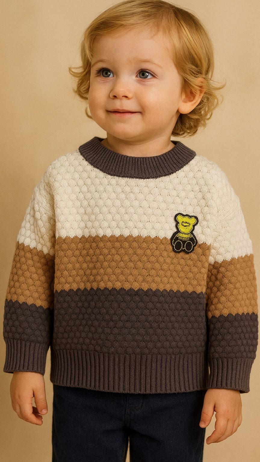 Child wearing a brown and beige sweater with a bear emblem on a beige background