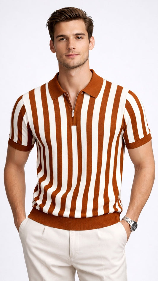 Premium Knitted Emerald Stripe Zip Polo Rust Brown