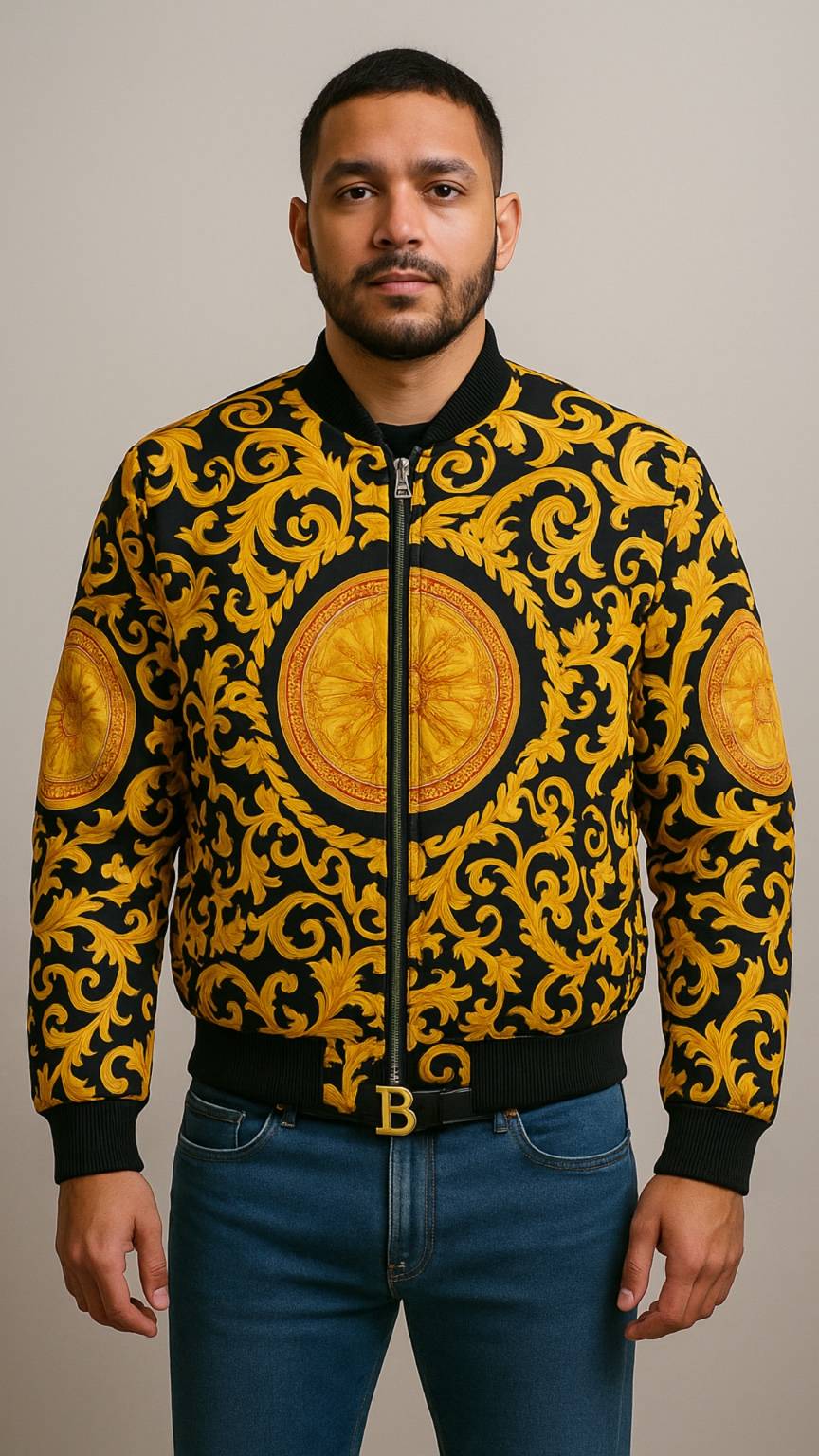 Man wearing a yellow and black patterned jacket with a beige background