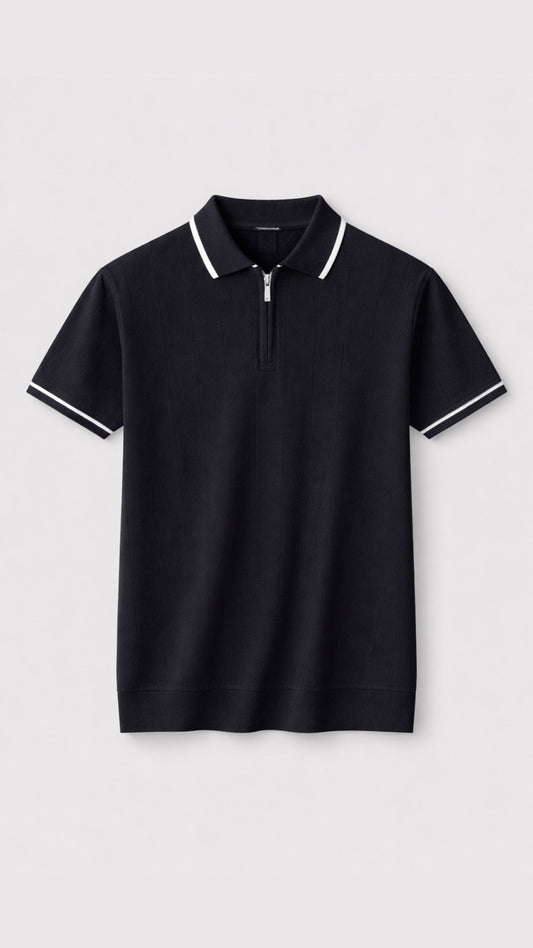 Midnight Ribbed Knitted Zip Polo Black