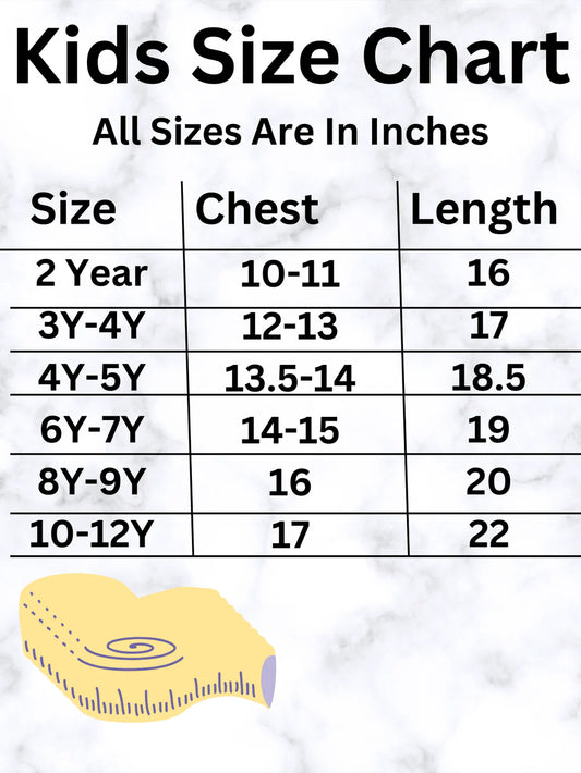 Kids size chart for clothing with chest and length measurements in inches.
