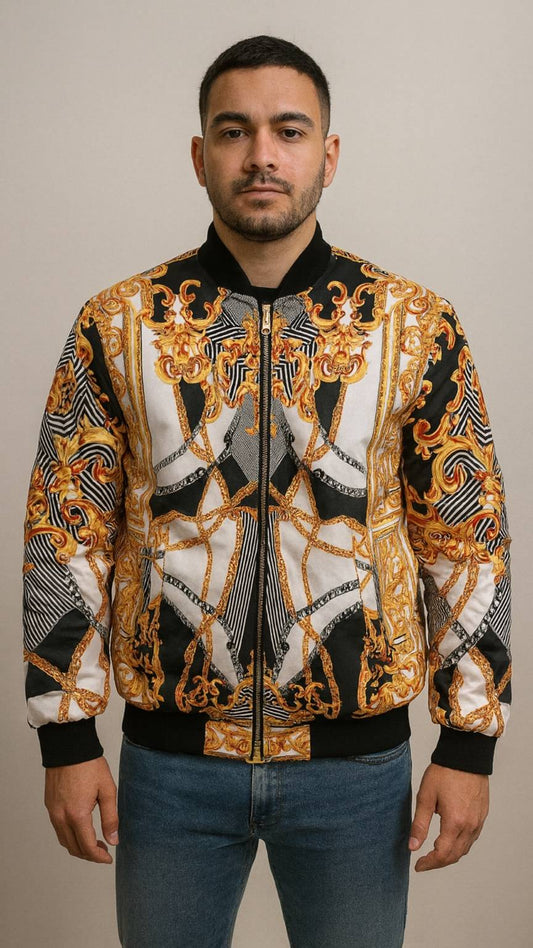 Man wearing a patterned jacket with gold and black designs on a neutral background