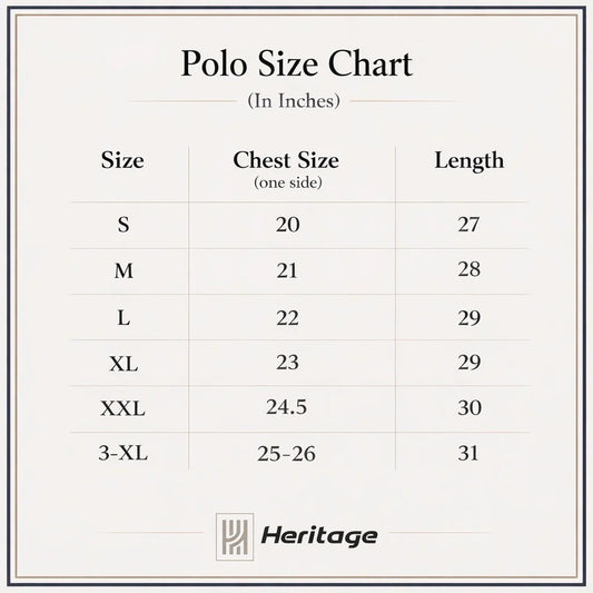 Polo size chart with chest and length measurements in inches, branded 'Heritage'.