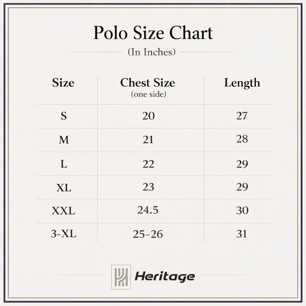 Polo size chart with chest and length measurements in inches, branded 'Heritage'.