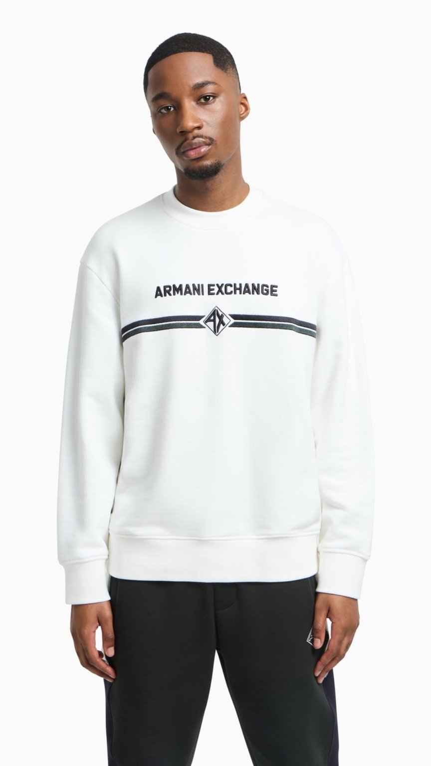 Man wearing a white Armani Exchange sweatshirt on a white background