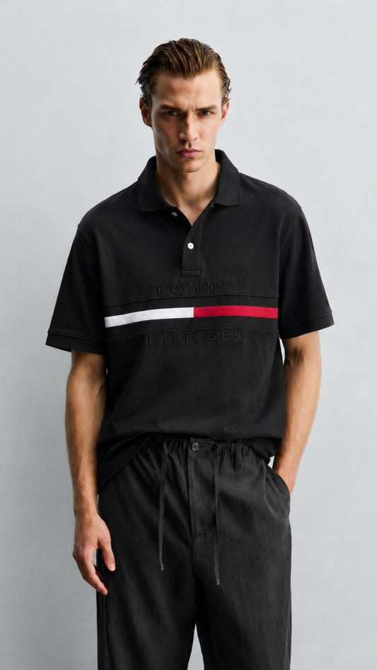 TH Essential Stripe Polo – Black