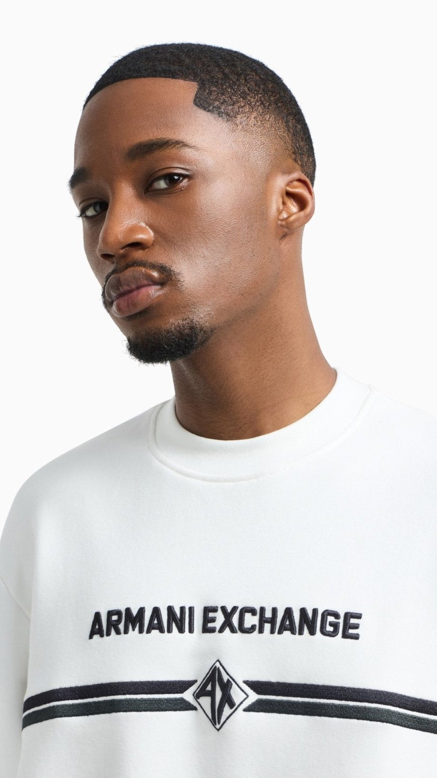 Man wearing a white Armani Exchange shirt on a white background
