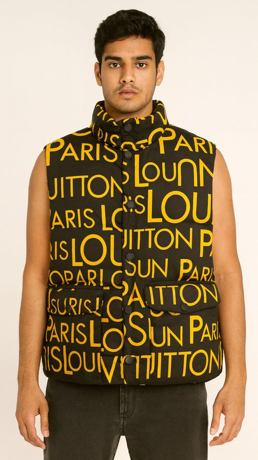 Man wearing a black Louis Vuitton vest with yellow text on a white background