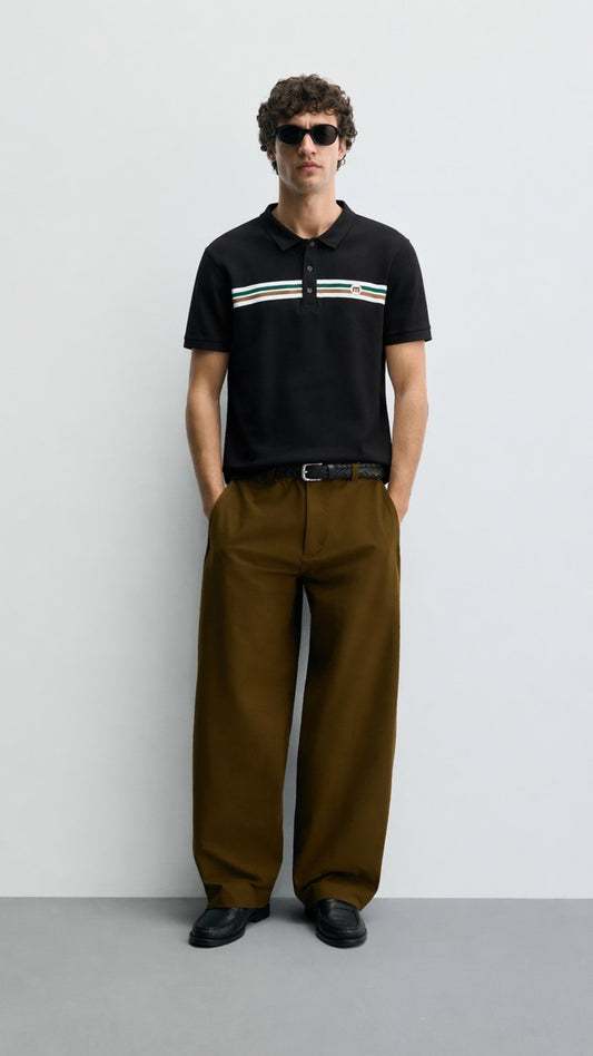 Monaco Stripe Polo Black