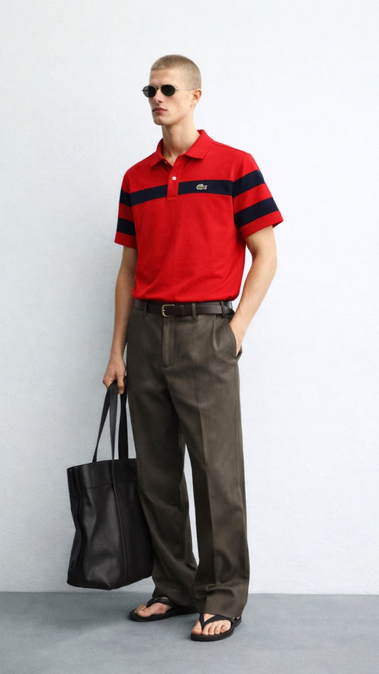 Man wearing a red polo shirt with black stripes and dark pants, holding a black bag against a white background.
