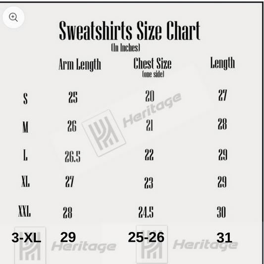 Sweatshirts size chart with arm length, chest size, and length measurements.