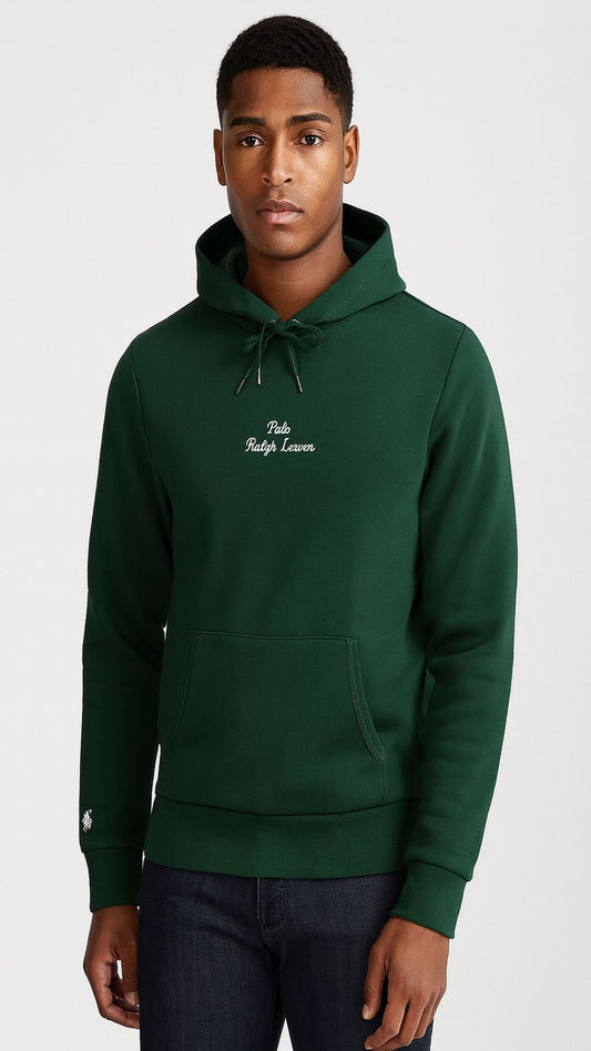 Man wearing a green hoodie with text on a white background