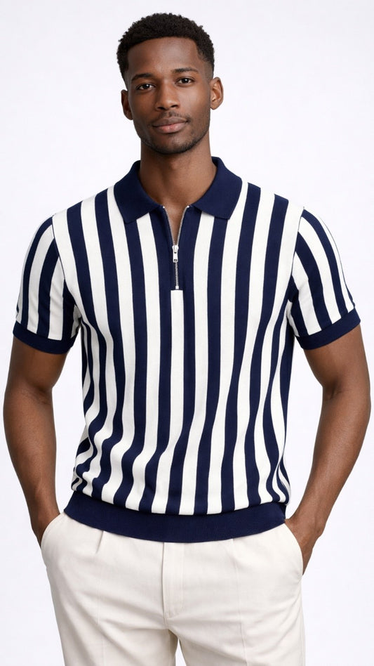 Premium Knitted Emerald Stripe Zip Polo Blue