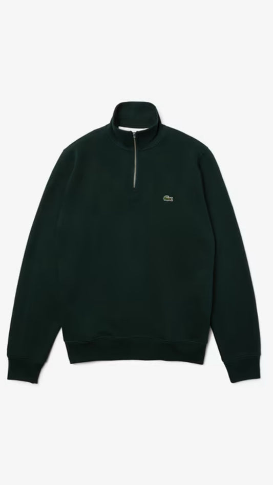 Dark green half-zip sweatshirt with a small logo on a white background