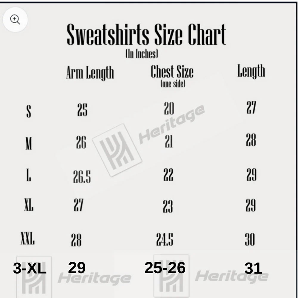 Sweatshirts size chart with measurements for arm length, chest size, and length.