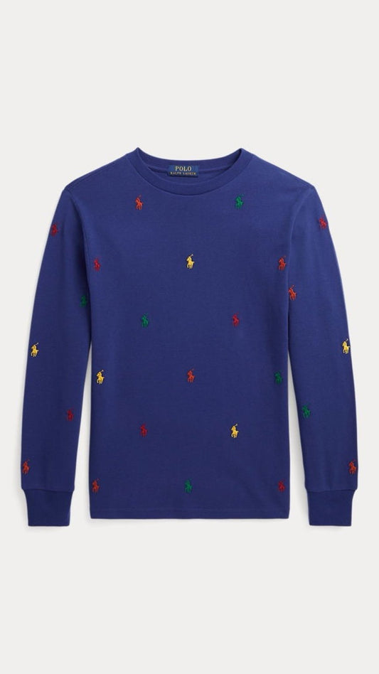 Blue sweater with colorful embroidered polo logos on a white background