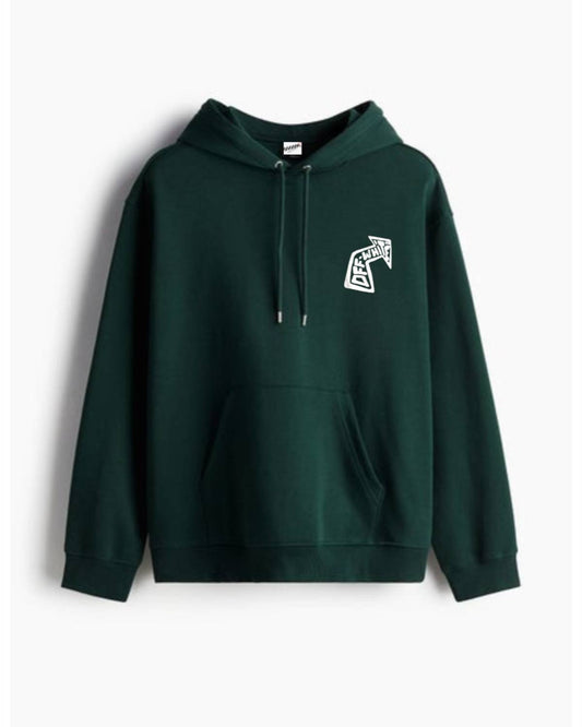 Green hoodie with a logo on the chest against a white background