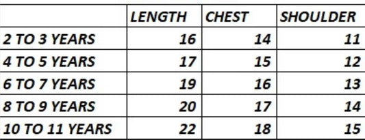 Table showing measurements for clothing sizes in years