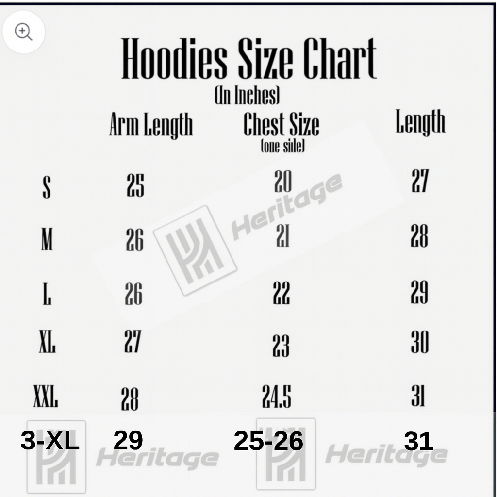 Hoodies size chart with measurements in inches for arm length, chest size, and length, branded with 'Heritage'.