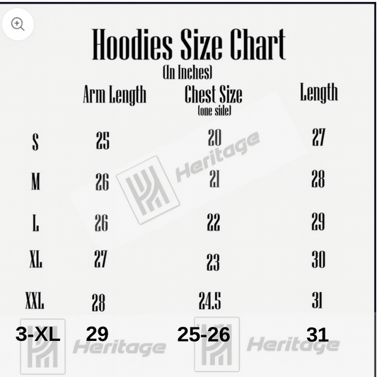 Hoodies size chart with measurements in inches for arm length, chest size, and length, branded with 'Heritage'.