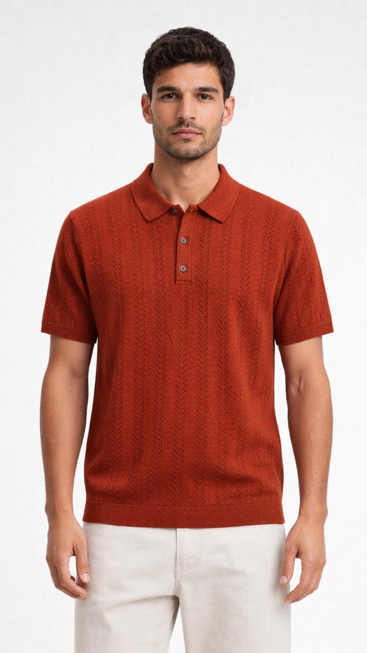 Premium Textured Knitted Polo – Rust