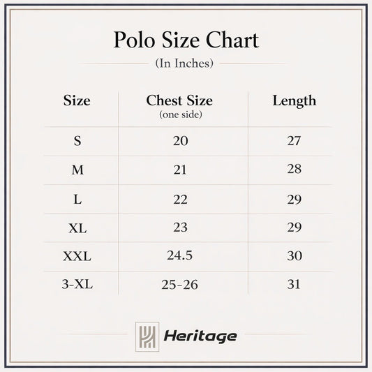 Polo size chart in inches with Heritage logo