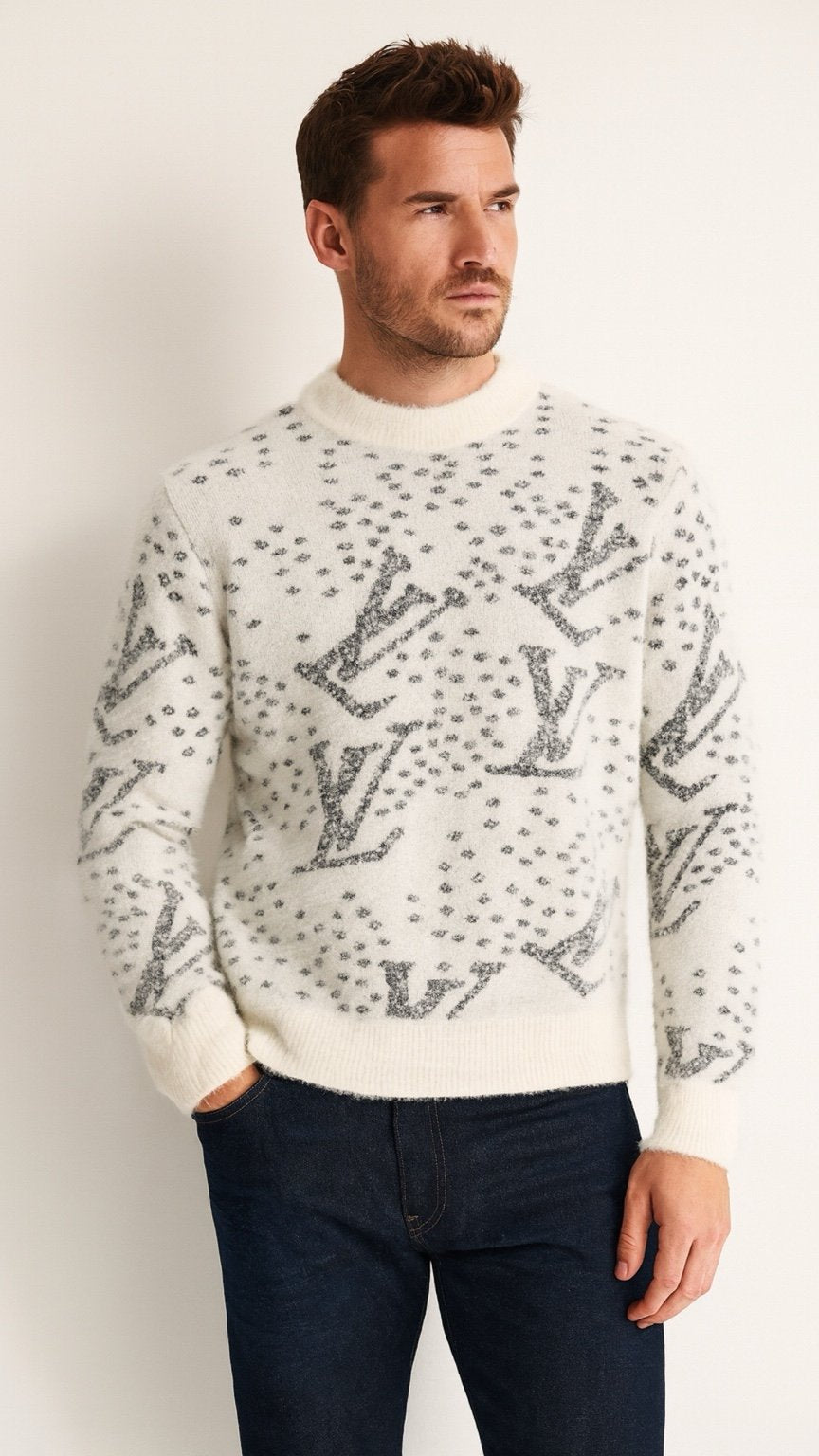 Man wearing a white sweater with black patterns against a plain background