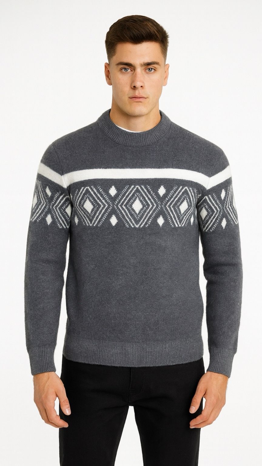 Man wearing a gray sweater with a patterned design on a white background