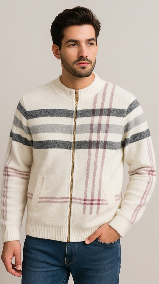 Man wearing a cream-colored zip-up sweater with plaid pattern on a plain background