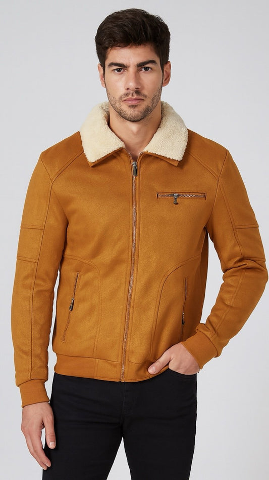 Man wearing a brown leather jacket with beige fur lining on a white background