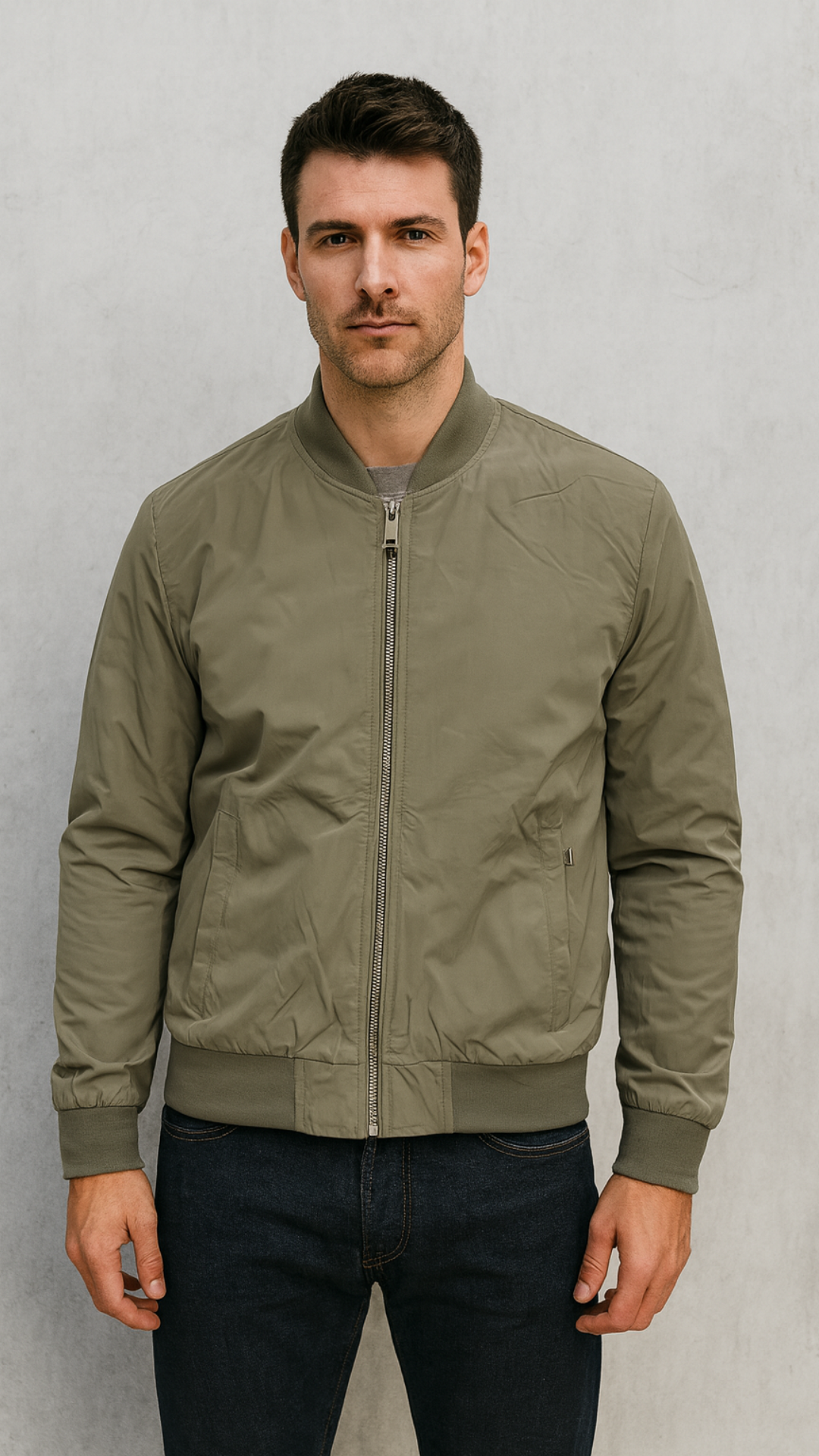 Man wearing a green bomber jacket against a gray background