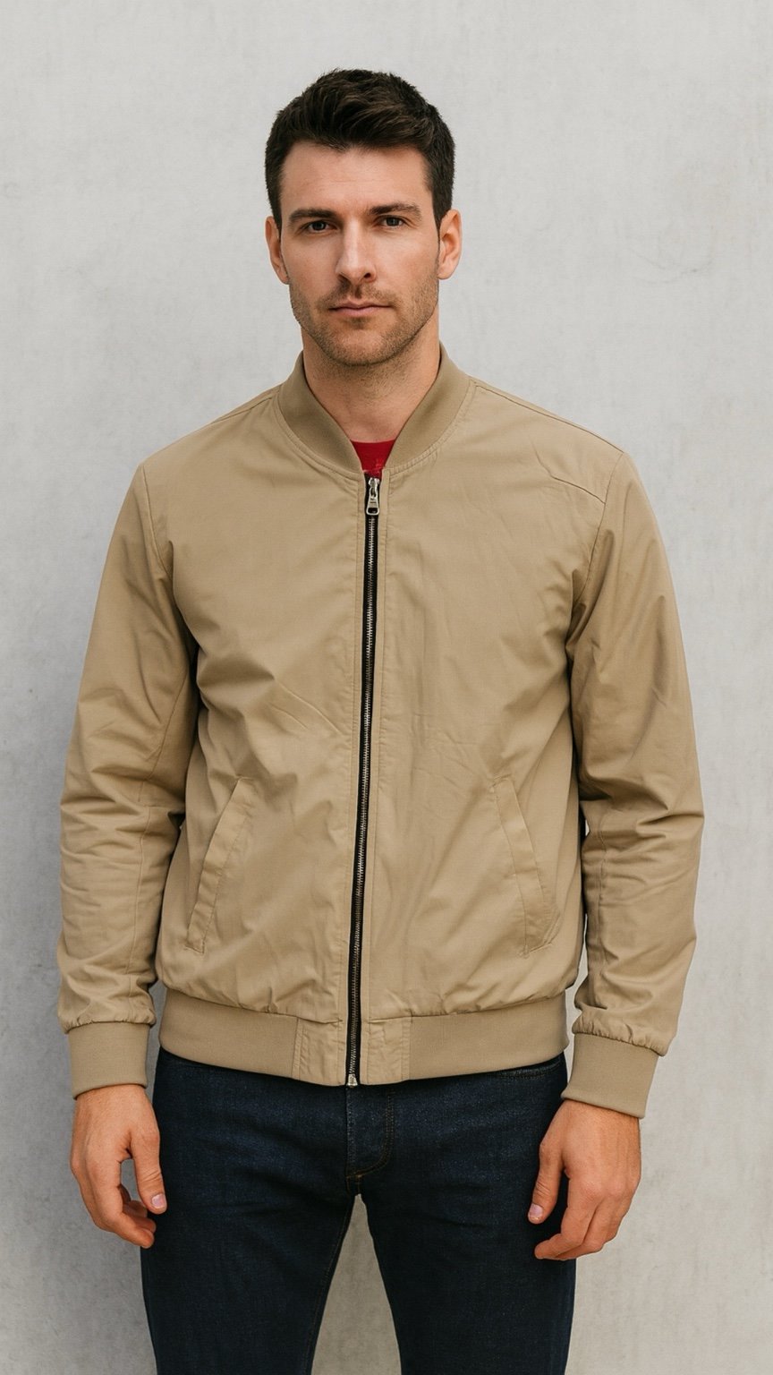 Man wearing a beige bomber jacket against a plain background