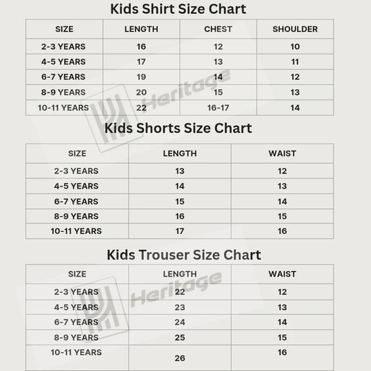 Size charts for kids shirts, shorts, and trousers with measurements in centimeters.