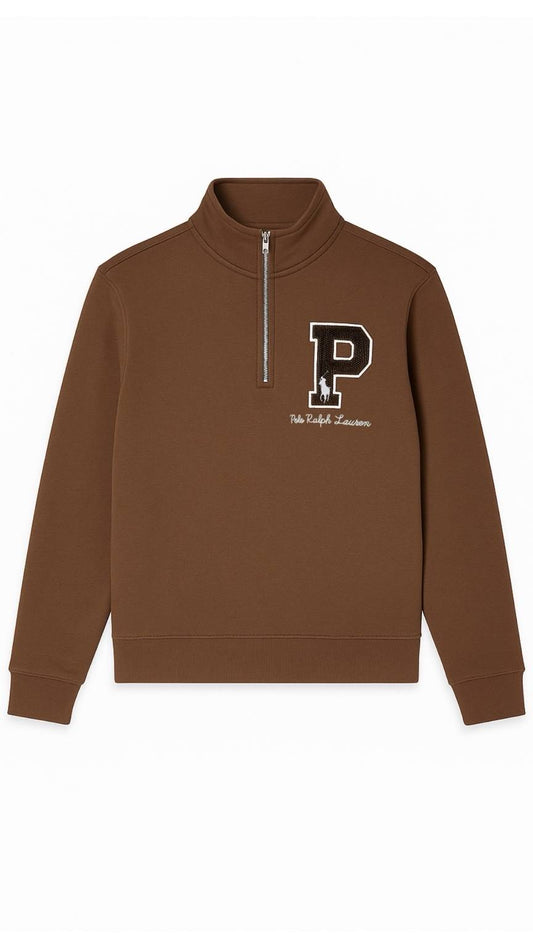 Brown quarter-zip sweatshirt with a logo and text on a white background
