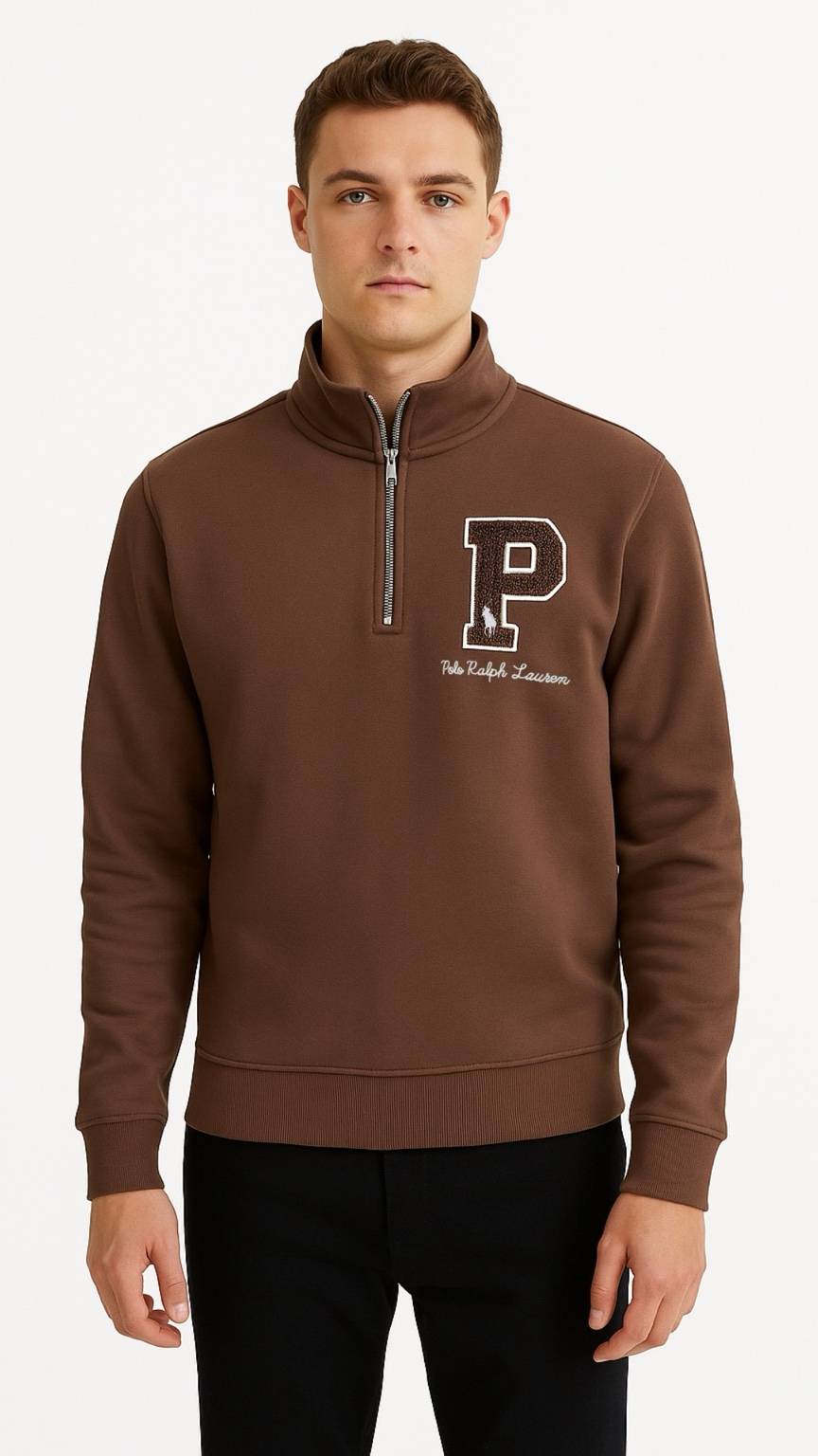 Man wearing a brown sweatshirt with a logo on a white background