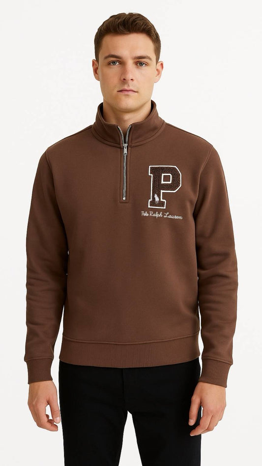 Man wearing a brown sweatshirt with a logo on a white background