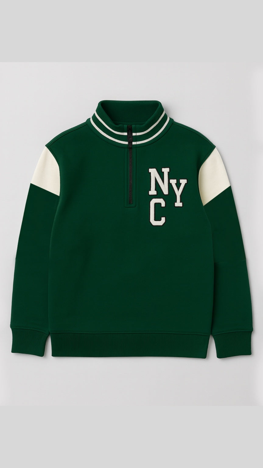 Green sweatshirt with 'NYC' lettering on a white background