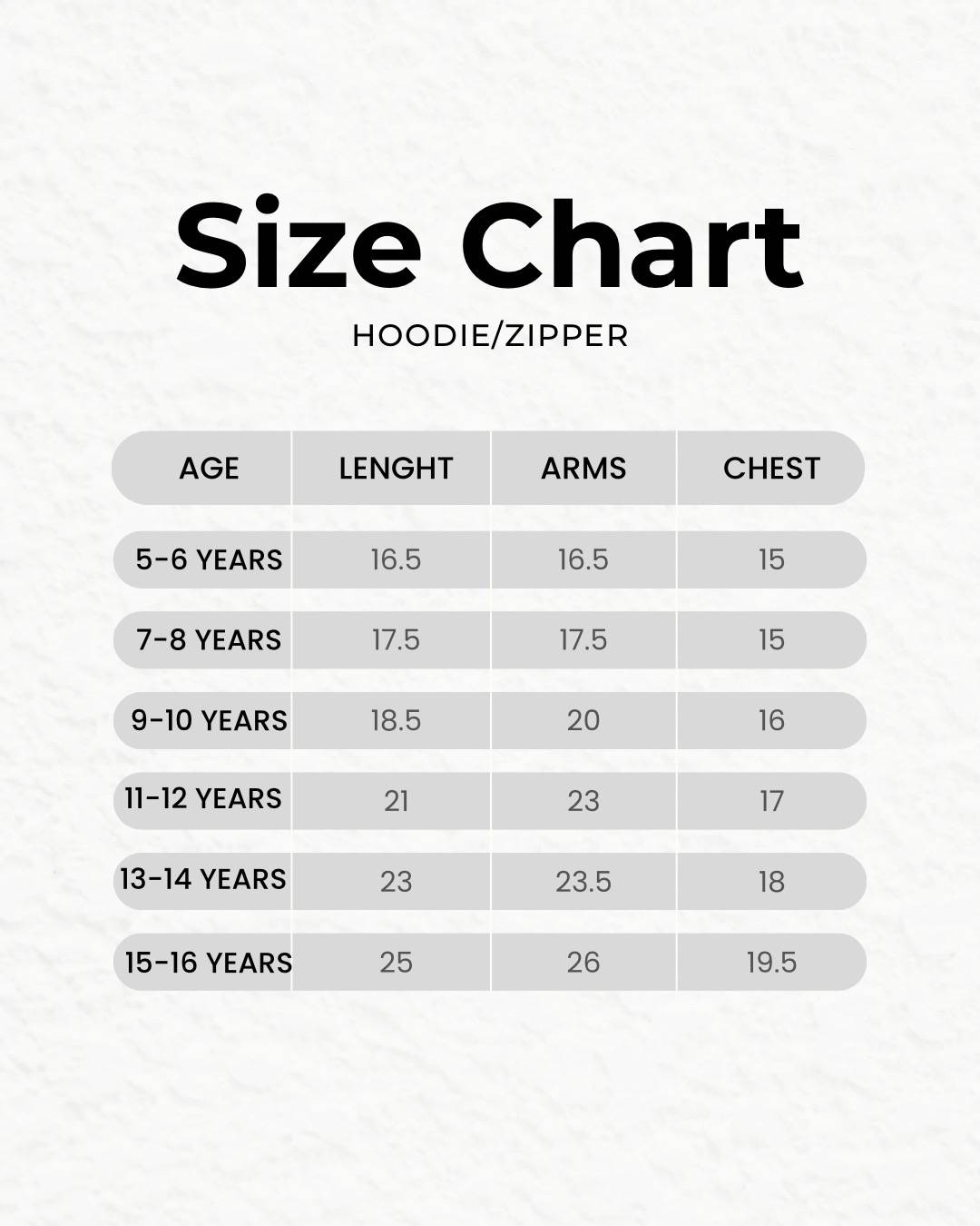 Size chart for hoodie/zipper with age, length, arms, and chest measurements.