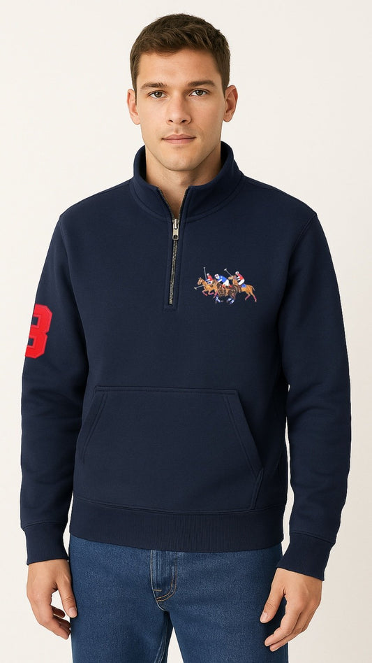 Man wearing a navy blue sweatshirt with a logo on a white background