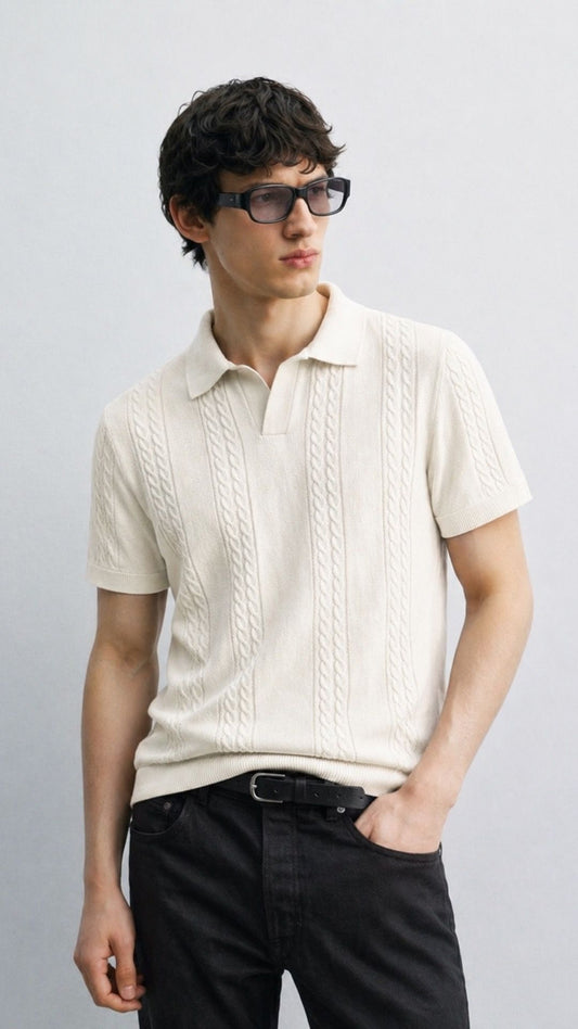 ZR-Noir Luxe Cable Knit Polo Off White
