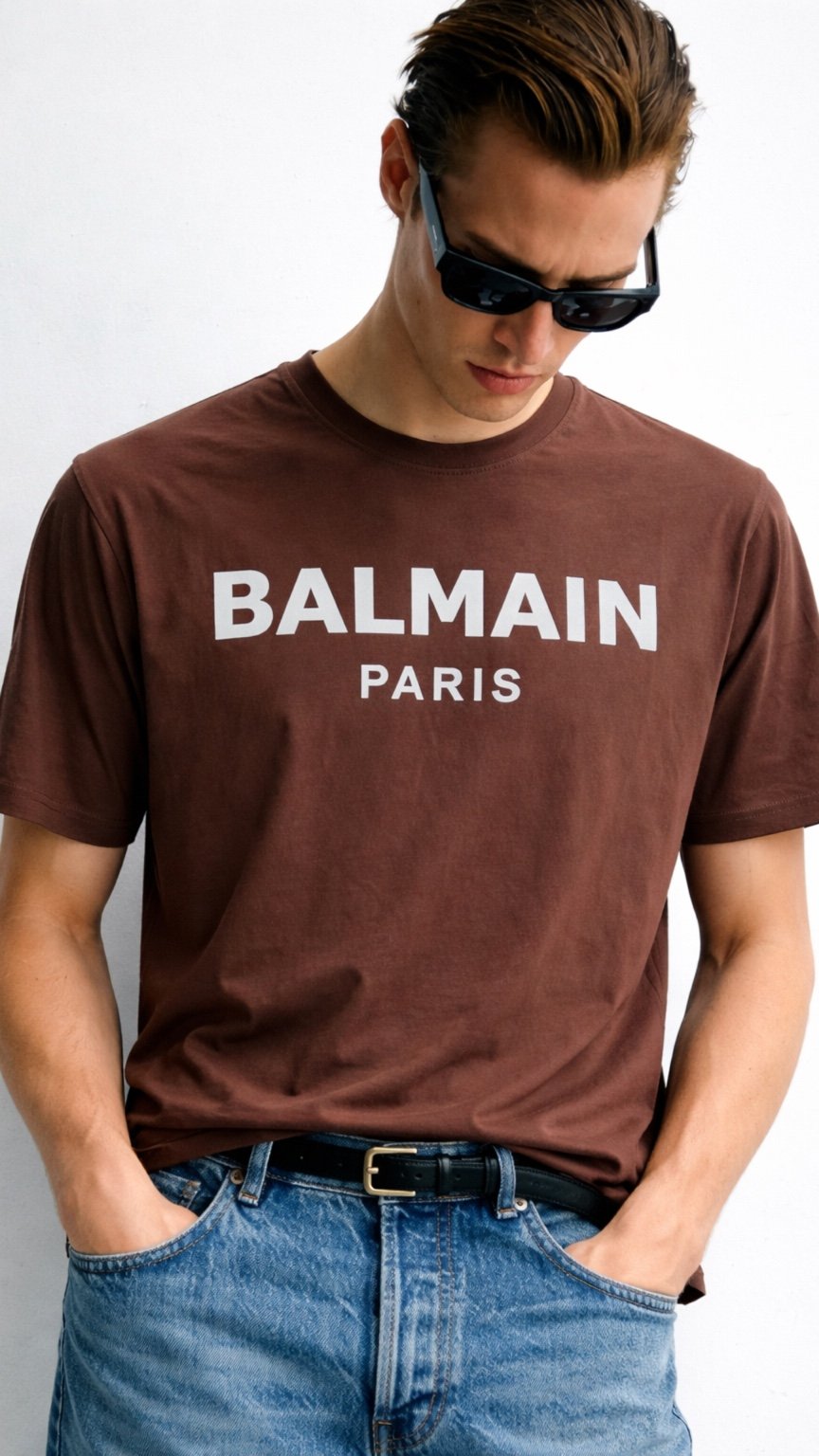Man wearing a brown Balmain Paris t-shirt against a white background