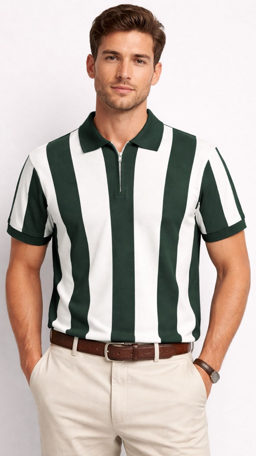 Premium Knitted Striped Zip Polo – Green & White