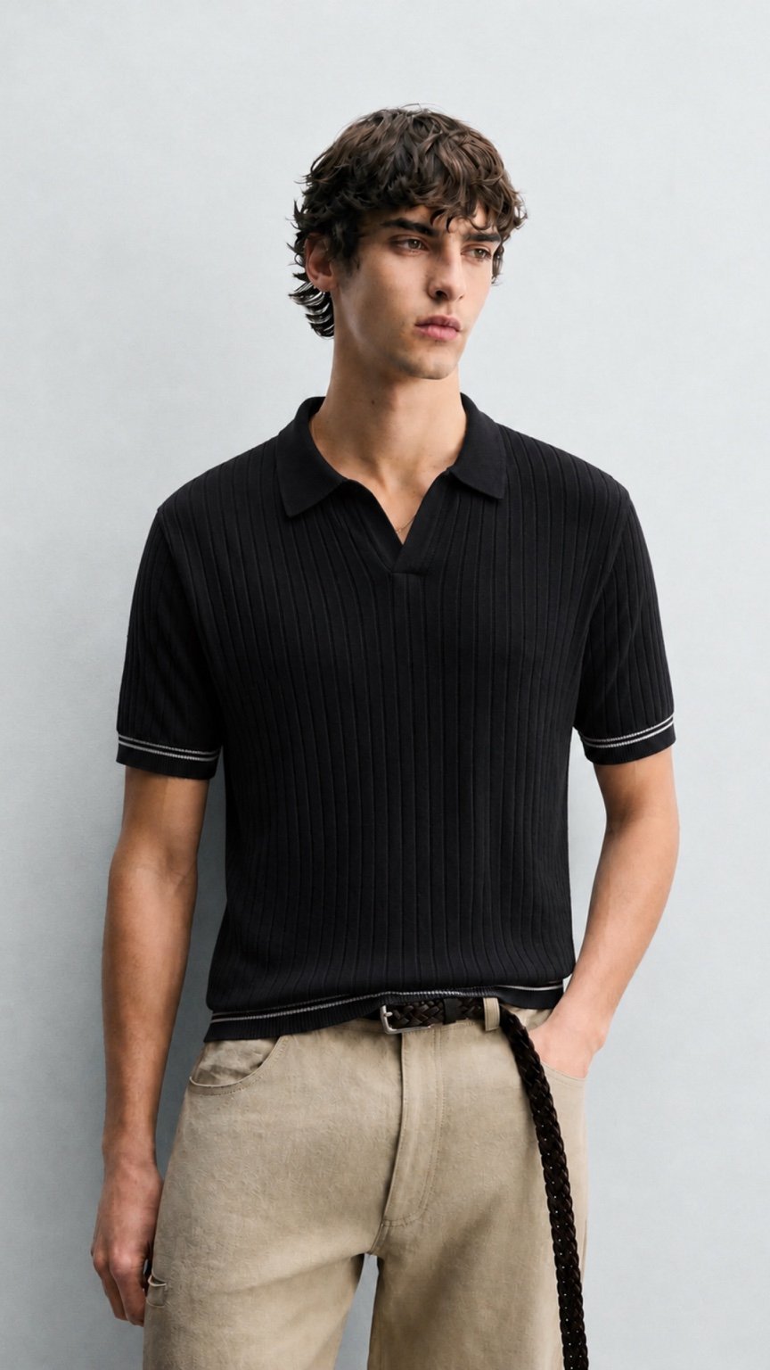 Ivory Ribbed Classic Polo Black