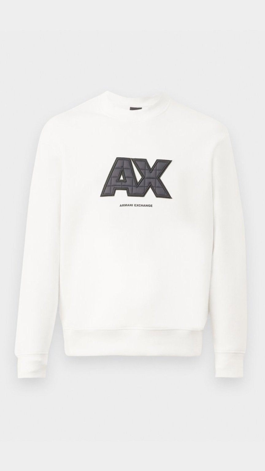 White sweatshirt with black logo on a white background