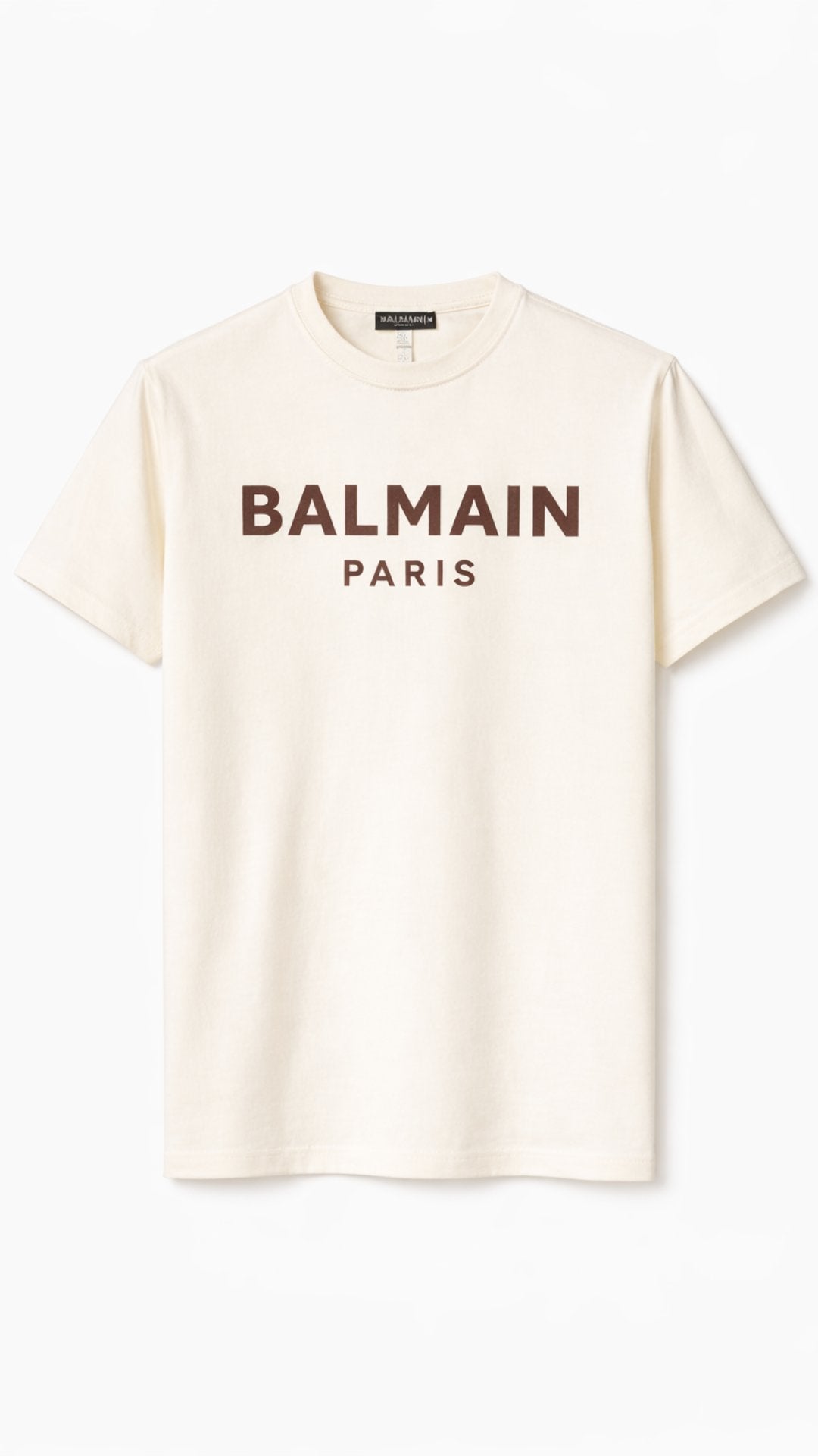 Beige t-shirt with Balmain Paris logo on a white background