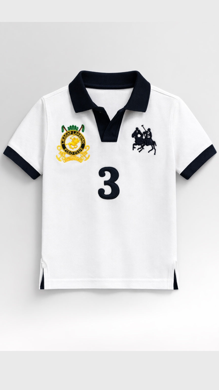 White polo shirt with black accents, lion emblem, and number 3 on a light gray background