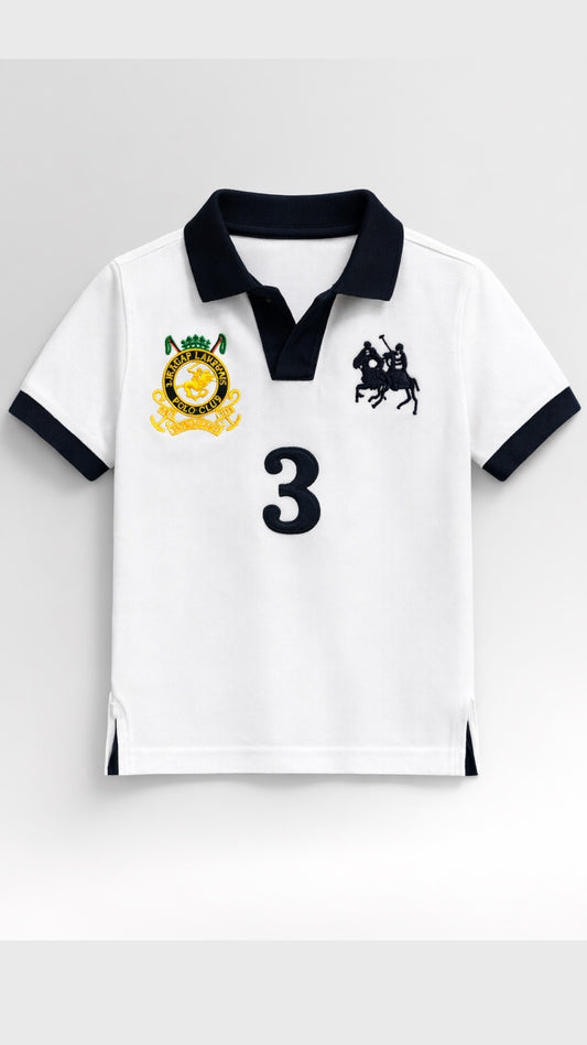 White polo shirt with black accents, lion emblem, and number 3 on a light gray background