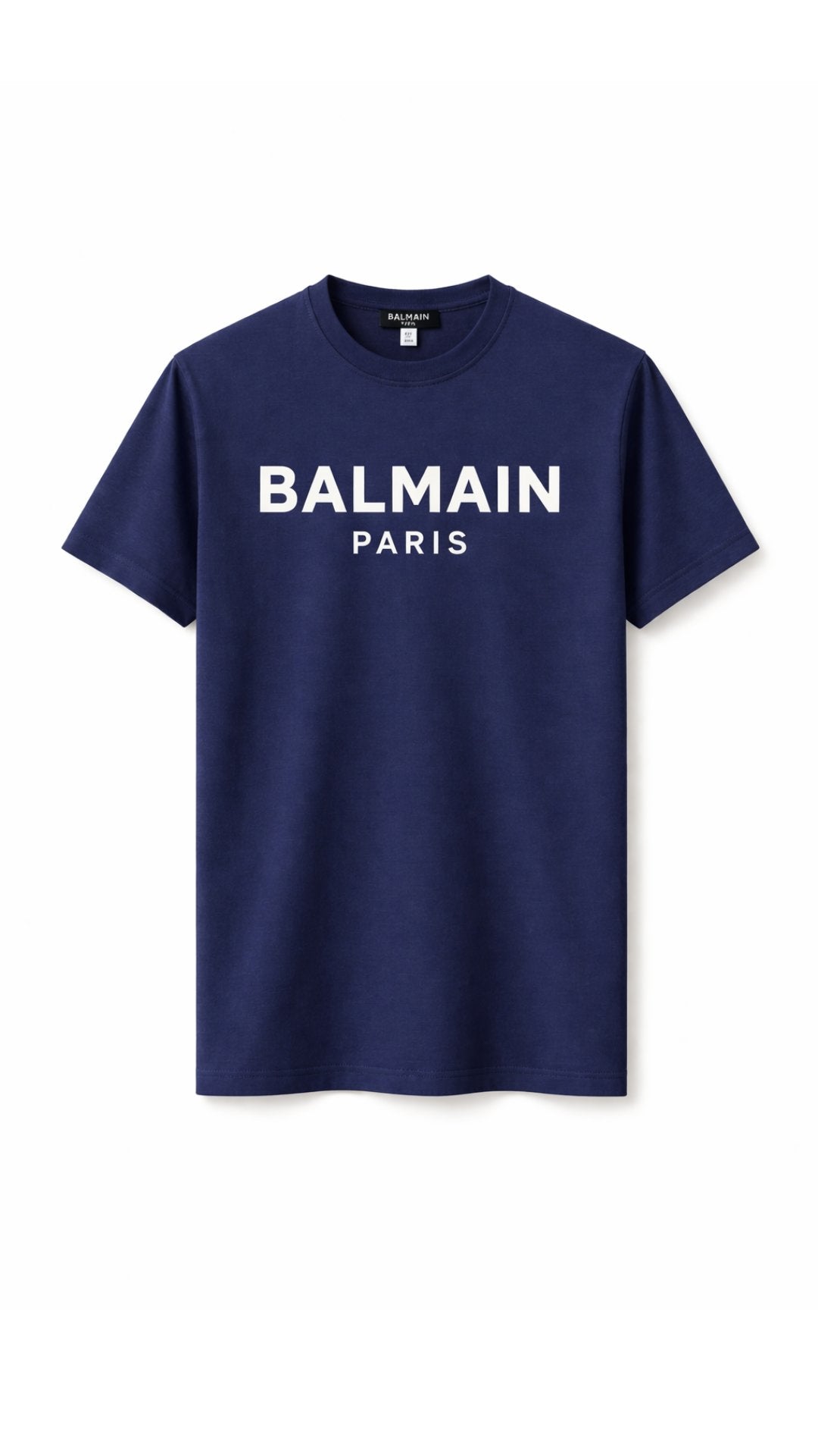 Navy blue t-shirt with 'Balmain Paris' logo on a white background