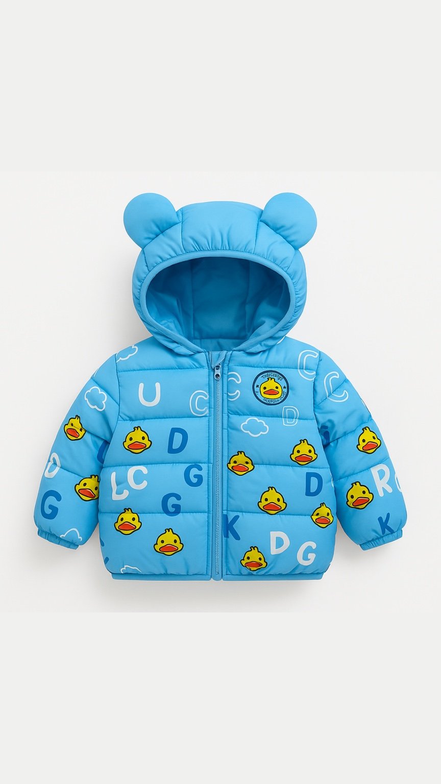 Blue children's puffer jacket with duck and letter pattern on a white background